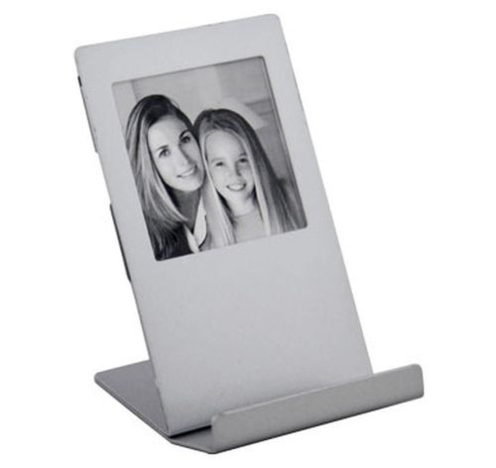 Portarretrato de aluminio con base para celular. imagen